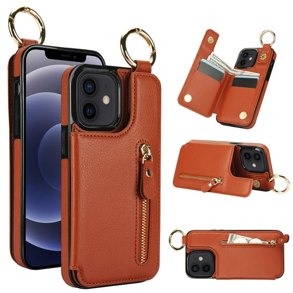 Allytech Wallet Case for iPhone 12 Pro / 12 6.1", Card Holder & Zipper Pocket, Finger Grip Ring, Screen & Camera Protection, Luxury PU Leather Kickstand Double Buttons Flip Shockproof Case - Brown