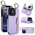 thumbnail image 1 of Allytech Wallet Case for iPhone 12 Pro / 12 6.1", Card Holder & Zipper Pocket, Finger Grip Ring, Screen & Camera Protection, Luxury PU Leather Kickstand Double Buttons Flip Shockproof Case - Purple, 1 of 9