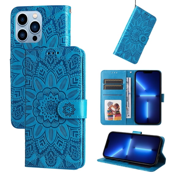 Allytech Wallet Case for iPhone 12 Pro Max Card Holder Case Kickstand Flip Cover Embossed Sun Flower Lanyard Protective Soft PU Leather Cover Case For iPhone 12 Pro Max,Blue