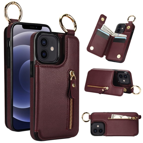 Allytech Wallet Case for iPhone 12 mini, Card Holder & Zipper Pocket, Finger Grip Ring, Screen & Camera Protection, Luxury PU Leather Kickstand Double Buttons Flip Shockproof Case - Jujubered