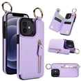 thumbnail image 1 of Allytech Wallet Case for iPhone 12 mini, Card Holder & Zipper Pocket, Finger Grip Ring, Screen & Camera Protection, Luxury PU Leather Kickstand Double Buttons Flip Shockproof Case - Purple, 1 of 9