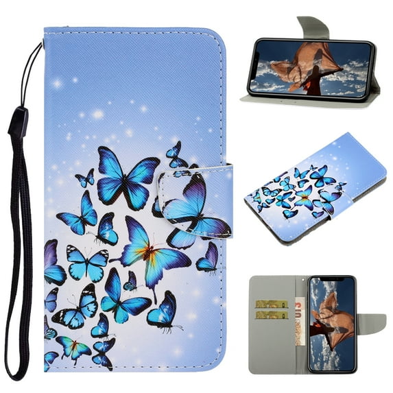Allytech Wallet Case for iPhone 13 2021 Cover with Card Holder, Colorful PU Leather Flip Folio Kickstand Feature Protective Magnetic Snap Case with Wrist Strap for iPhone 13 6.1", Group of Butterflies