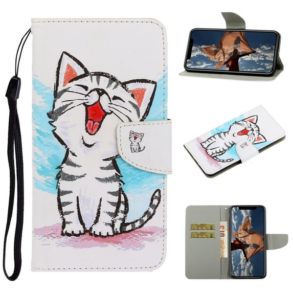 Allytech Wallet Case for iPhone 13 2021 Cover with Card Holder, Colorful PU Leather Flip Folio Kickstand Feature Protective Magnetic Snap Case with Wrist Strap for iPhone 13 6.1", Smile Cat