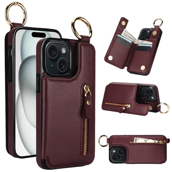 Allytech Wallet Case for iPhone 13, Card Holder & Zipper Pocket, Finger Grip Ring, Screen & Camera Protection, Luxury PU Leather Kickstand Double Buttons Flip Shockproof Case - Jujubered