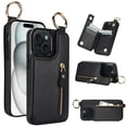 thumbnail image 1 of Allytech Wallet Case for iPhone 13, Card Holder & Zipper Pocket, Finger Grip Ring, Screen & Camera Protection, Luxury PU Leather Kickstand Double Buttons Flip Shockproof Case - Black, 1 of 9