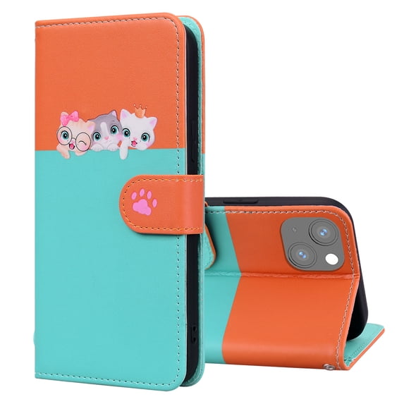 Allytech Wallet Case for iPhone 13 with Cute Cartoon Pattern, 3 Card Slots + 1 Cash Slot + Wrist Strap, Premium PU Leather Stand Magnetic Clasp Shockproof Protective Case, Skyblue