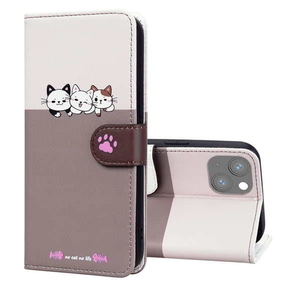 Allytech Wallet Case for iPhone 13 with Cute Cartoon Pattern, 3 Card Slots + 1 Cash Slot + Wrist Strap, Premium PU Leather Stand Magnetic Clasp Shockproof Protective Case, Gray