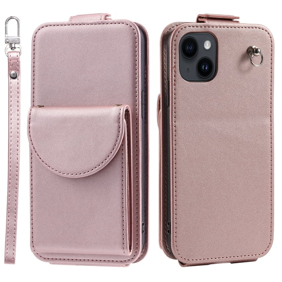 Allytech Wallet Case for iPhone 13 with Hand Strap & Shoulder Strap, Flip Premium PU Leather Case with Credit Card Slots, Kickstand Magnetic Closure Shockproof Protective Case, Rosegold