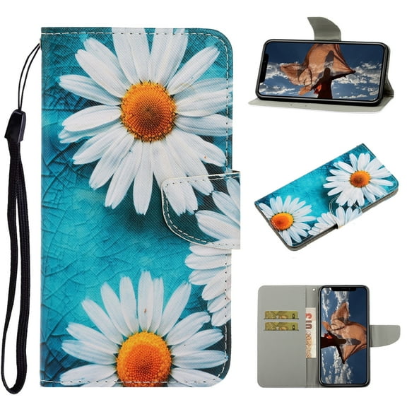 Allytech Wallet Case for iPhone 13 Mini 2021 Cover with Card Holder, Colorful PU Leather Folio Kickstand Feature Protective Magnetic Snap Case with Wrist Strap for iPhone 13 Mini 5.4", White Daisy