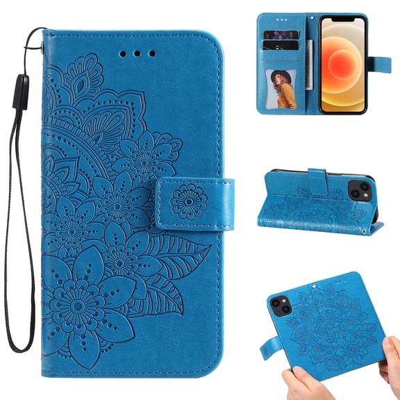 Allytech Wallet Case for iPhone 13 Mini (5G), Embossed Floral PU Leather Drop Proof Anti-Lost Detachable Hand Strap Flip Stand Magnetic Snap Card Slots Case for iPhone 13 Mini 5.4" 2021, Blue