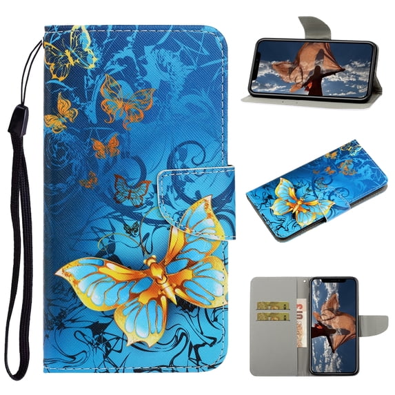 Allytech Wallet Case for iPhone 13 Pro 2021 Cover with Card Holder, Colorful PU Leather Folio Kickstand Feature Protective Magnetic Snap Case with Wrist Strap for iPhone 13 Pro 6.1", Gold Butterfly