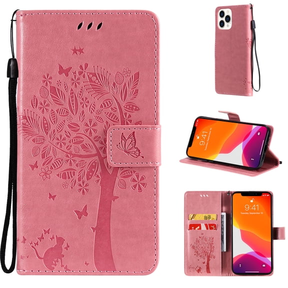 Allytech Wallet Case for iPhone 13 Pro 5G 6.1 inch 2021, Slim Premium Embossed Tree Cat Flowers PU Leather Flip Kickstand Magnetic Snap Hand Strap Case for iPhone 13 Pro 2021, Pink