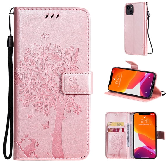 Allytech Wallet Case for iPhone 13 Pro 5G 6.1 inch 2021, Slim Premium Embossed Tree Cat Flowers PU Leather Flip Kickstand Magnetic Snap Hand Strap Case for iPhone 13 Pro 2021, Black