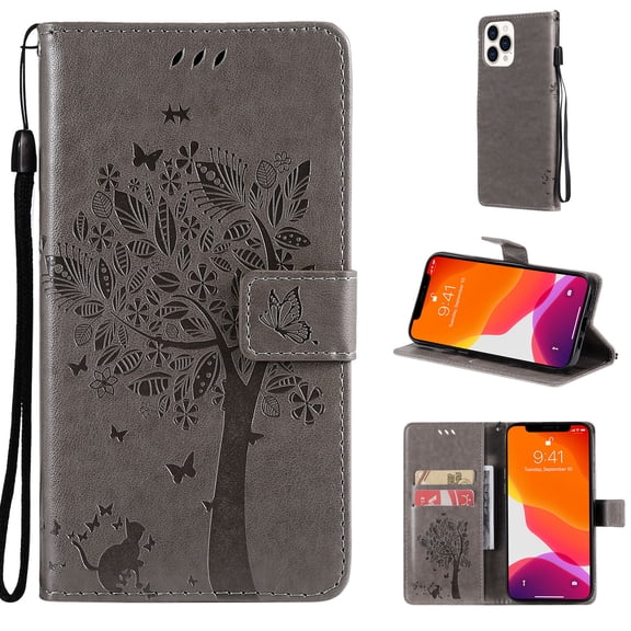Allytech Wallet Case for iPhone 13 Pro 5G 6.1 inch 2021, Slim Premium Embossed Tree Cat Flowers PU Leather Flip Kickstand Magnetic Snap Hand Strap Case for iPhone 13 Pro 2021, Gray