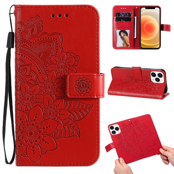 Allytech Wallet Case for iPhone 13 Pro (5G), Embossed Floral PU Leather Drop Proof Anti-Lost Detachable Hand Strap Flip Stand Magnetic Snap Card Slots Case for iPhone 13 Pro 6.1" 2021, Red