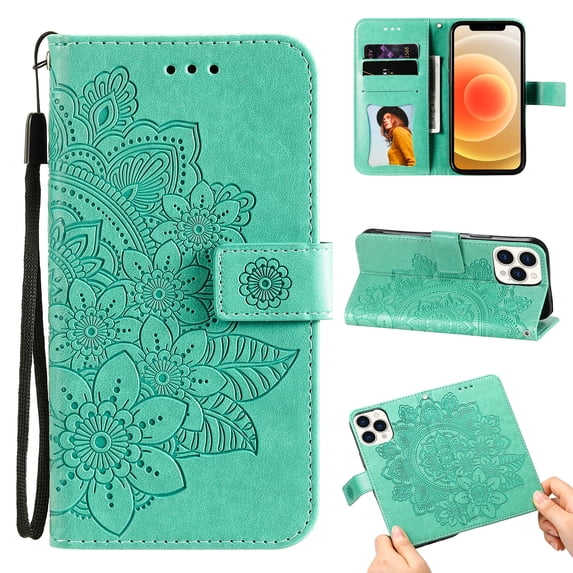 Allytech Wallet Case for iPhone 13 Pro (5G), Embossed Floral PU Leather Drop Proof Anti-Lost Detachable Hand Strap Flip Stand Magnetic Snap Card Slots Case for iPhone 13 Pro 6.1" 2021, Green