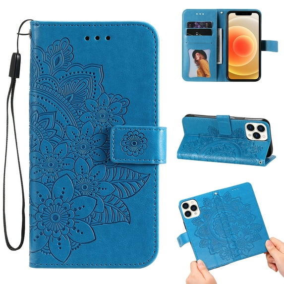 Allytech Wallet Case for iPhone 13 Pro (5G), Embossed Floral PU Leather Drop Proof Anti-Lost Detachable Hand Strap Flip Stand Magnetic Snap Card Slots Case for iPhone 13 Pro 6.1" 2021, Blue