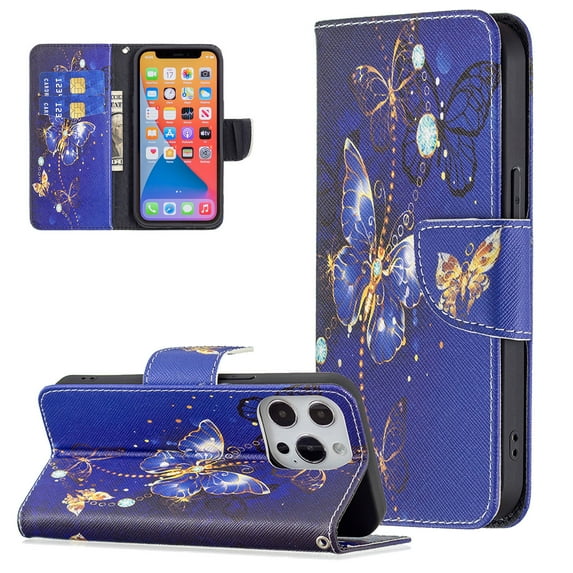 Allytech Wallet Case for iPhone 13 Pro (6.1 inch 2021 Release), Colorful Painting PU Leather Flip Folio Case with Card Holders Kickstand Shockproof Case for iPhone 13 Pro 2021, Purple Gold Butterfly