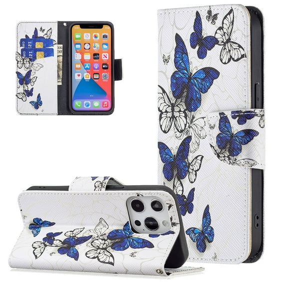 Allytech Wallet Case for iPhone 13 Pro (6.1 inch 2021 Release), Colorful Painting PU Leather Flip Folio Case with Card Holders Kickstand Shockproof Case for iPhone 13 Pro 2021, Blue Butterfly