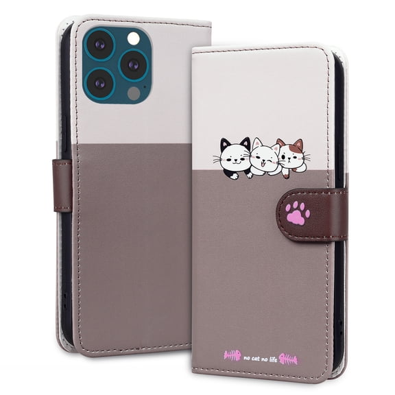 Allytech Wallet Case for iPhone 13 Pro Max with Cute Cartoon Pattern, 3 Card Slots + 1 Cash Slot + Wrist Strap, Premium PU Leather Stand Magnetic Clasp Shockproof Protective Case, Gray