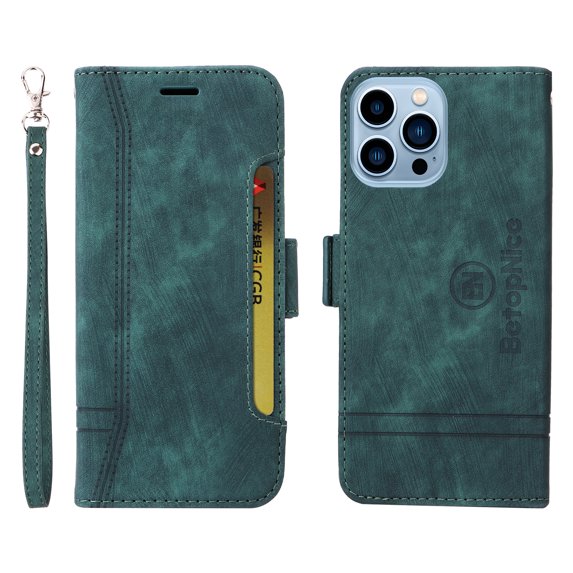 Allytech Wallet Case for iPhone 13 Pro Max, PU Leather Shockproof Card Slots Holder Magnetic Clasp Flip Cover, Lanyard Handbag Wrist Strap Kickstand Folio Case for iPhone 13 Pro Max 6.7 Inch,Green