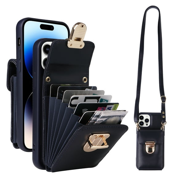 Allytech Wallet Case for iPhone 13 Pro with Shoulder Strap, Accordion Card Holder Premium PU Leather Cover, Hardware Buckle Kickstand Anti-Drop & Anti-Scratch Case for iPhone 13 Pro - Darkblue