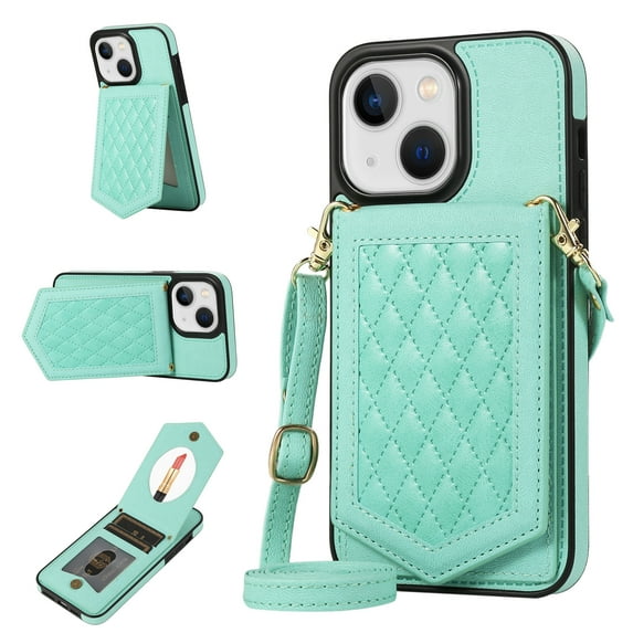 Allytech Wallet Case for iPhone 14 2022 Case with Card Holder, PU Leather RFID Blocking Design Stand Mirror Inner Case with Detachable Crossbody Strap for iPhone 14 5G 6.1", Green