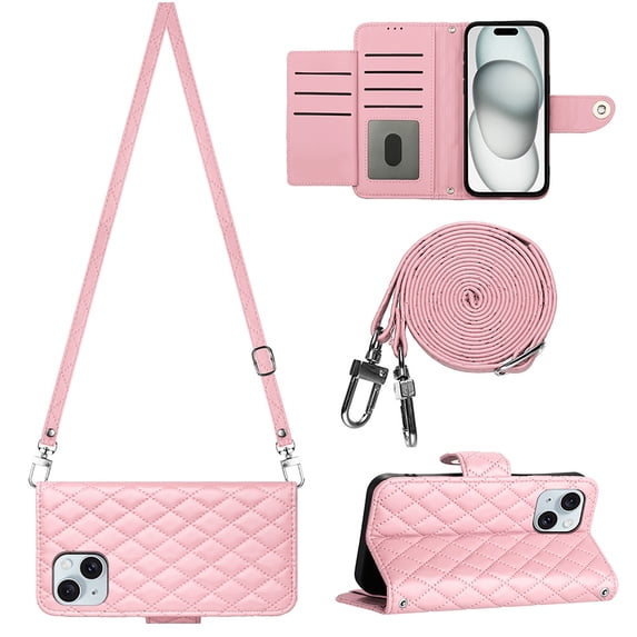 Allytech Wallet Case for iPhone 14 with Card Cash Slots, Luxury Premium PU Leather Kickstand Shoulder Strap Lanyard Shockproof Anti-Fall Full Body Protective Flip Shell - Pink