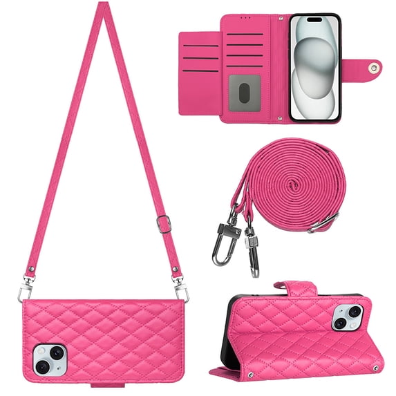 Allytech Wallet Case for iPhone 14 with Card Cash Slots, Luxury Premium PU Leather Kickstand Shoulder Strap Lanyard Shockproof Anti-Fall Full Body Protective Flip Shell - Rose