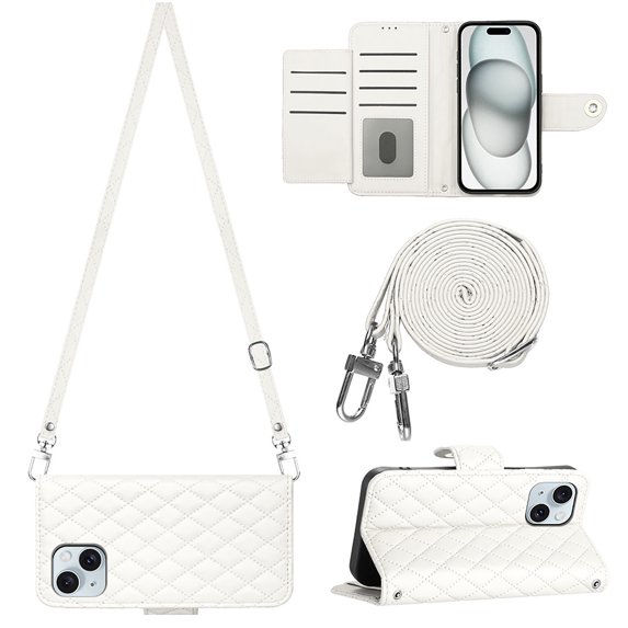 Allytech Wallet Case for iPhone 14 with Card Cash Slots, Luxury Premium PU Leather Kickstand Shoulder Strap Lanyard Shockproof Anti-Fall Full Body Protective Flip Shell - White