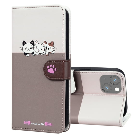 Allytech Wallet Case for iPhone 14 with Cute Cartoon Pattern, 3 Card Slots + 1 Cash Slot + Wrist Strap, Premium PU Leather Stand Magnetic Clasp Shockproof Protective Case, Gray