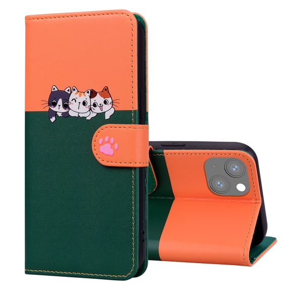 Allytech Wallet Case for iPhone 14 with Cute Cartoon Pattern, 3 Card Slots + 1 Cash Slot + Wrist Strap, Premium PU Leather Stand Magnetic Clasp Shockproof Protective Case, Darkgreen