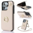 thumbnail image 1 of Allytech Wallet Case for iPhone 14, Luxury PU Leather Ring Kickstand Cover with Card Holder & Shoulder Strap, Fashion Accordion Style Shockproof Anti-Drop Phone Case - Apricot, 1 of 7