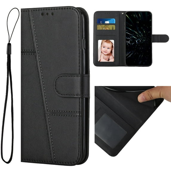 Allytech Wallet Case for iPhone 14, Magnetic Clasp Kickstand Cover with Card Slots & Cash Holder, Luxury PU Leather + Soft TPU Shockproof Anti-Scratch Case with Wrist Strap, Black