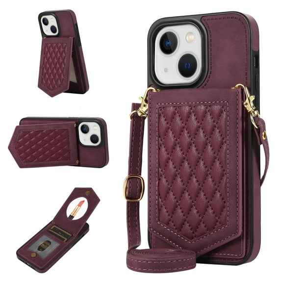 Allytech Wallet Case for iPhone 14 Plus 2022 Case with Card Holder, PU Leather RFID Blocking Design Stand Mirror Inner Case with Detachable Crossbody Strap for iPhone 14 Plus 5G 6.7", Red