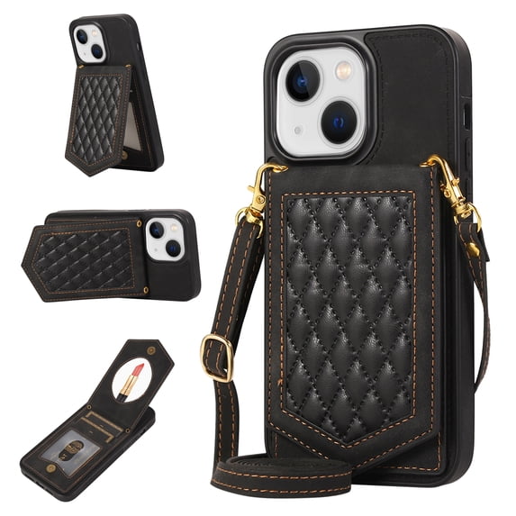 Allytech Wallet Case for iPhone 14 Plus 2022 Case with Card Holder, PU Leather RFID Blocking Design Stand Mirror Inner Case with Detachable Crossbody Strap for iPhone 14 Plus 5G 6.7", Black