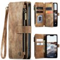thumbnail image 1 of Allytech Wallet Case for iPhone 14 Plus, Card Slots + Cash Slot + Zipper Pocket Large Capacity PU Leather Case with Hand Strap, [All-Round Shockproof] Wireless Charging Kickstand Case, Brown, 1 of 10