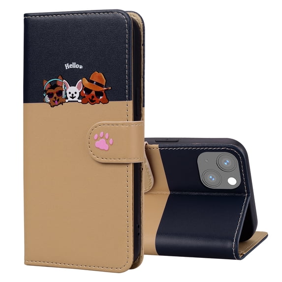 Allytech Wallet Case for iPhone 14 Plus with Cute Cartoon Pattern, 3 Card Slots + 1 Cash Slot + Wrist Strap, Premium PU Leather Stand Magnetic Clasp Shockproof Protective Case, Khaki