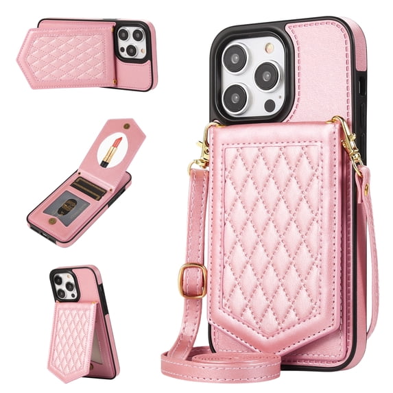 Allytech Wallet Case for iPhone 14 Pro 2022 Case with Card Holder, PU Leather RFID Blocking Design Stand Mirror Inner Case with Detachable Crossbody Strap for iPhone 14 Pro 5G 6.1", Rosegold