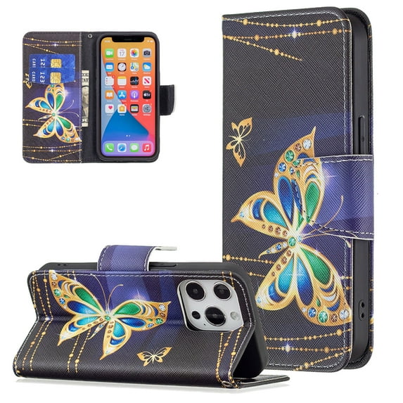 Allytech Wallet Case for iPhone 14 Pro (6.1 inch 2022), Colorful Painting PU Leather Flip Folio Case with Card Holders Kickstand Shockproof Case for iPhone 14 Pro 2022, Gold Butterfly