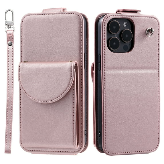 Allytech Wallet Case for iPhone 14 Pro with Hand Strap & Shoulder Strap, Flip Premium PU Leather Case with Credit Card Slots, Kickstand Magnetic Closure Shockproof Protective Case, Rosegold