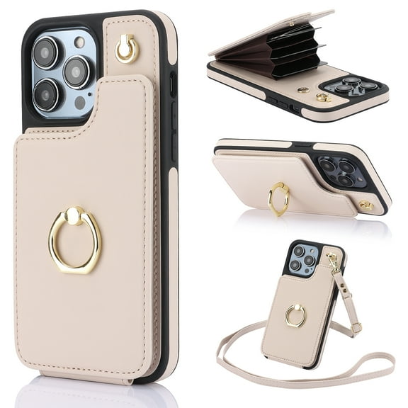 Allytech Wallet Case for iPhone 14 Pro, Luxury PU Leather Ring Kickstand Cover with Card Holder & Shoulder Strap, Fashion Accordion Style Shockproof Anti-Drop Phone Case - Apricot