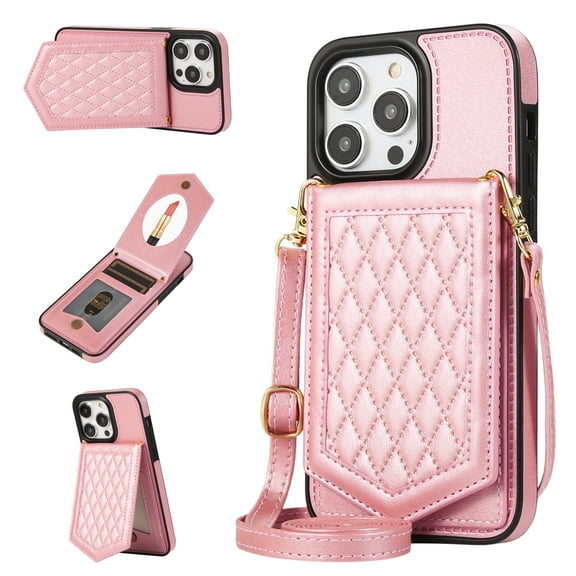 Allytech Wallet Case for iPhone 14 Pro Max 2022 Case with Card Holder, PU Leather RFID Blocking Design Stand Mirror Inner Case with Detachable Crossbody Strap for iPhone 14 Pro Max 5G 6.7", Rosegold