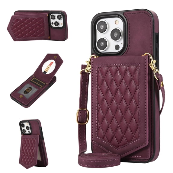 Allytech Wallet Case for iPhone 14 Pro Max 2022 Case with Card Holder, PU Leather RFID Blocking Design Stand Mirror Inner Case with Detachable Crossbody Strap for iPhone 14 Pro Max 5G 6.7", Winred