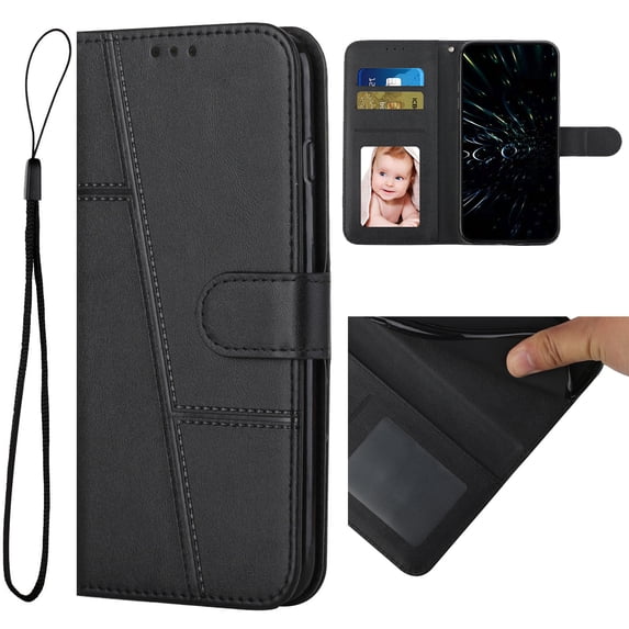 Allytech Wallet Case for iPhone 14 Pro Max, Magnetic Clasp Kickstand Cover with Card Slots & Cash Holder, Luxury PU Leather + Soft TPU Shockproof Anti-Scratch Case with Wrist Strap, Black