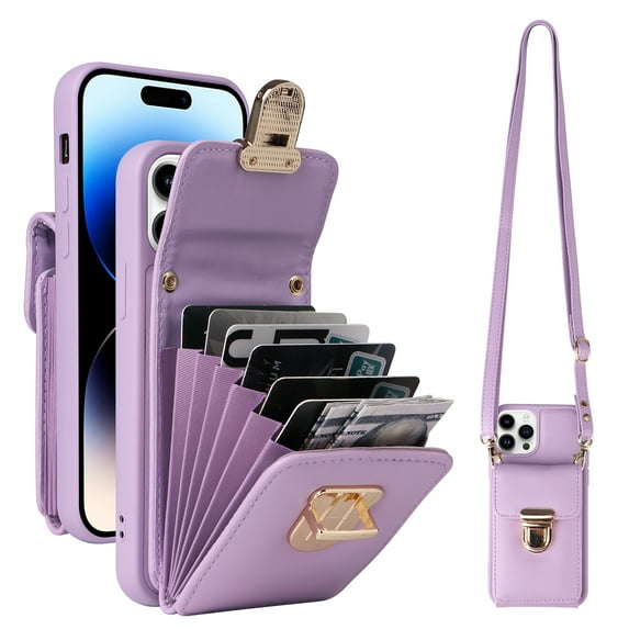 Allytech Wallet Case for iPhone 14 Pro with Shoulder Strap, Accordion Card Holder Premium PU Leather Cover, Hardware Buckle Kickstand Anti-Drop & Anti-Scratch Case for iPhone 14 Pro - Purple
