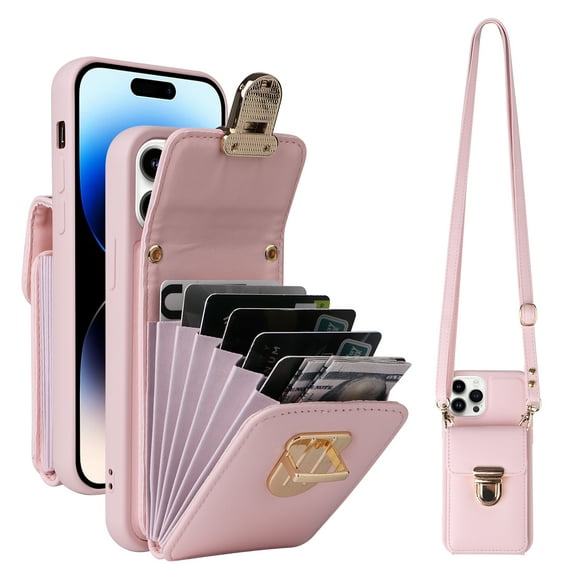 Allytech Wallet Case for iPhone 14 Pro with Shoulder Strap, Accordion Card Holder Premium PU Leather Cover, Hardware Buckle Kickstand Anti-Drop & Anti-Scratch Case for iPhone 14 Pro - Pink