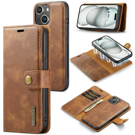 Allytech Wallet Case for iPhone 15 with 3 Card Slots & Cash Pocket, 2 in 1 Detachable Strong Magnetic Case, Retro PU Leather Shockproof Magnetic Clasp Slim Protective Shell - Brown