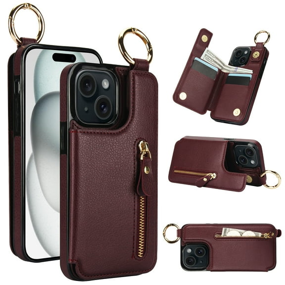 Allytech Wallet Case for iPhone 15, Card Holder & Zipper Pocket, Finger Grip Ring, Screen & Camera Protection, Luxury PU Leather Kickstand Double Buttons Flip Shockproof Case - Jujubered