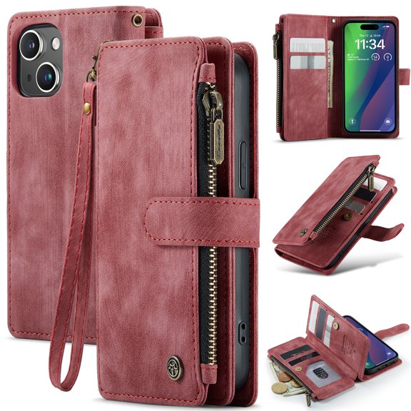 Allytech Wallet Case for iPhone 15, Card Slots + Cash Slot + Zipper Pocket Large Capacity PU Leather Case with Hand Strap, [All-Round Shockproof] Wireless Charging Kickstand Case, Red